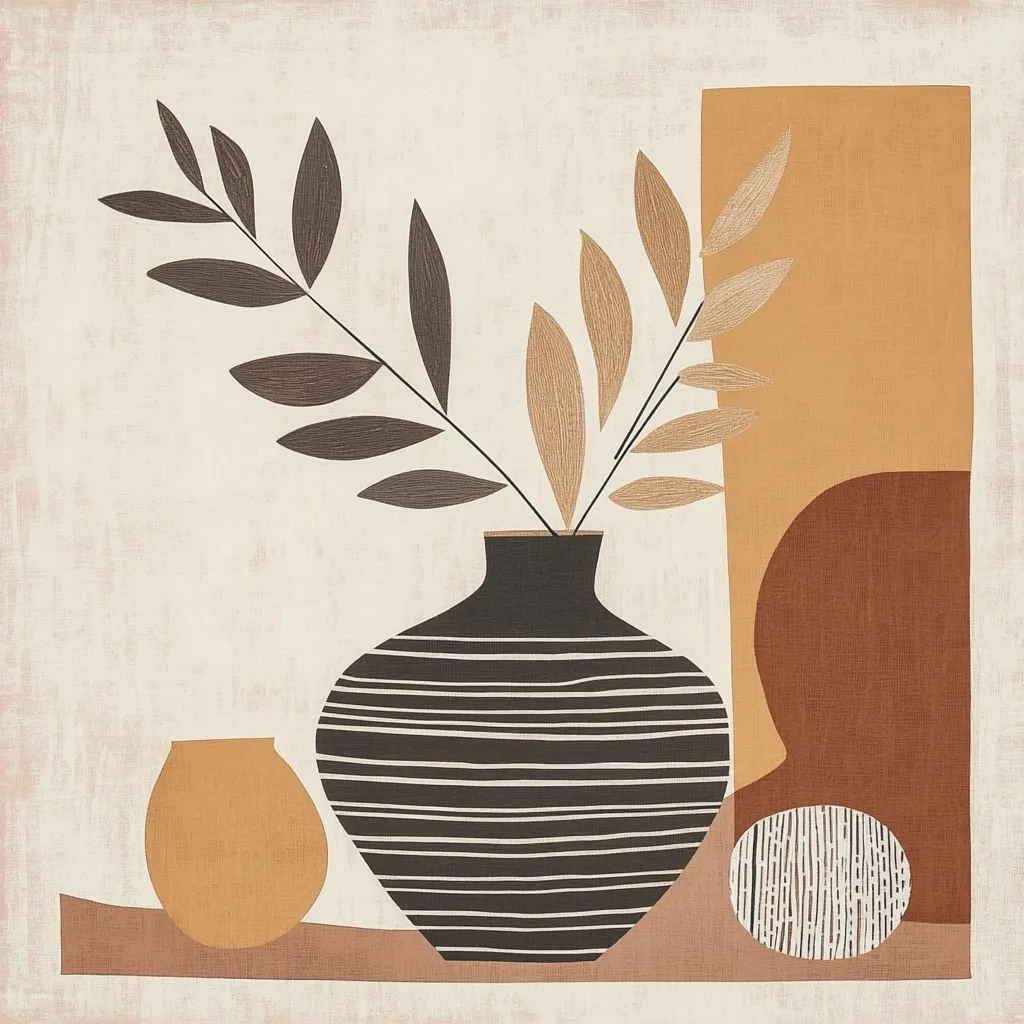 A stylized illustration features a brown and white striped vase with a bouquet of brown and beige leaves. It sits on a light brown surface with a smaller, orange pot to the left and a brown and white striped orb to the right. A large, light orange rectangular shape is visible in the background. The overall composition is minimalist and visually appealing.