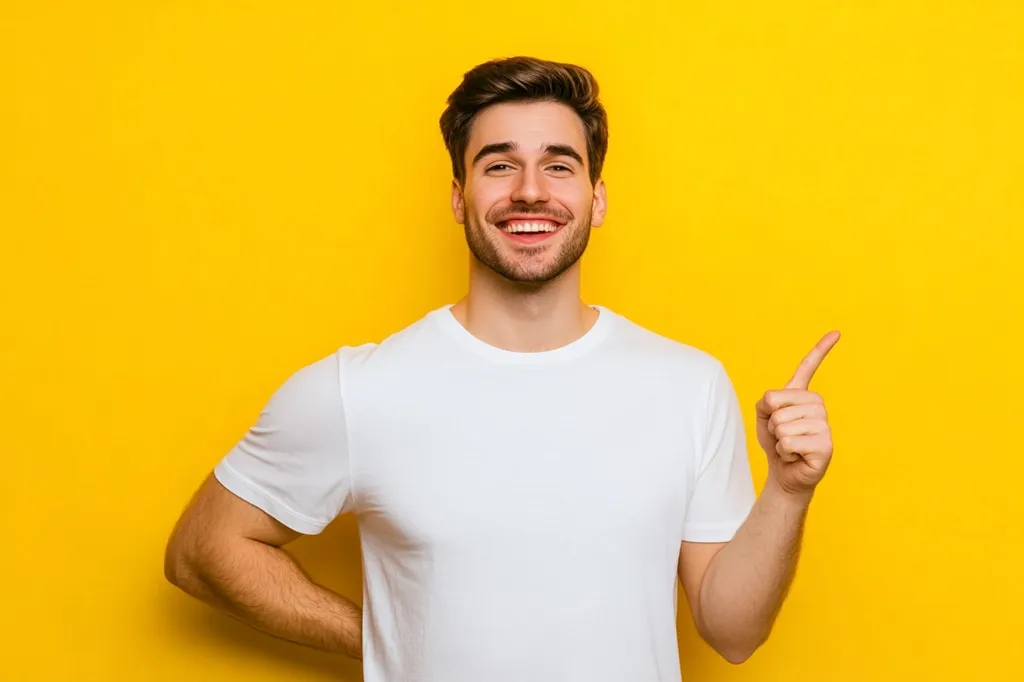 A young man with short brown hair is standing in front of a bright yellow background. He is wearing a white t-shirt and is smiling broadly. His right hand is raised and his index finger is pointing to the right side of the frame. He looks happy and confident.  He seems to be making a suggestion or pointing to something off-screen.  The image is bright and cheerful.