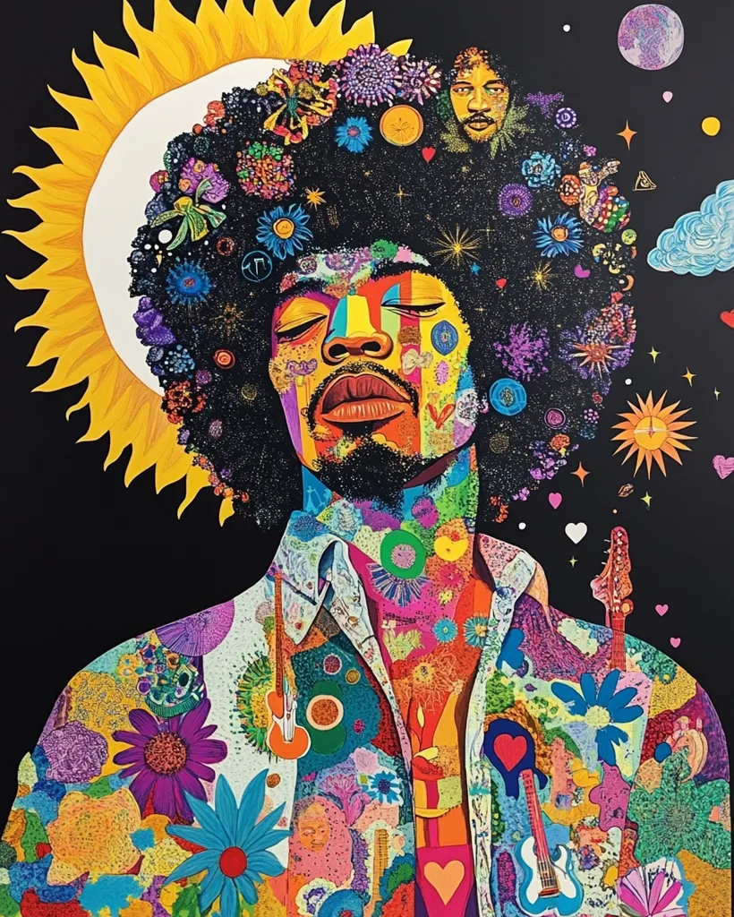 The image is a psychedelic portrait of Jimi Hendrix. He is depicted with a colorful,  afro-like hair and a white shirt covered in a kaleidoscope of flowers, musical notes, and other whimsical designs. In the background, a large sunflower dominates the left side, while a tiny sun and a crescent moon  are scattered across the black backdrop. The overall effect is a vivid and energetic representation of Jimi Hendrix's iconic style and personality.
