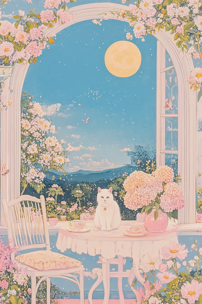 The image depicts a whimsical scene with a white cat sitting on a table in a garden. The table is set with teacups and saucers, and a pink vase holds a bouquet of flowers.  The cat looks out a window framed by white vines and pink flowers. In the distance, a mountain range is visible under a pale blue sky. The moon hangs in the sky, casting a soft glow over the scene. The entire image is painted in a delicate, pastel style.