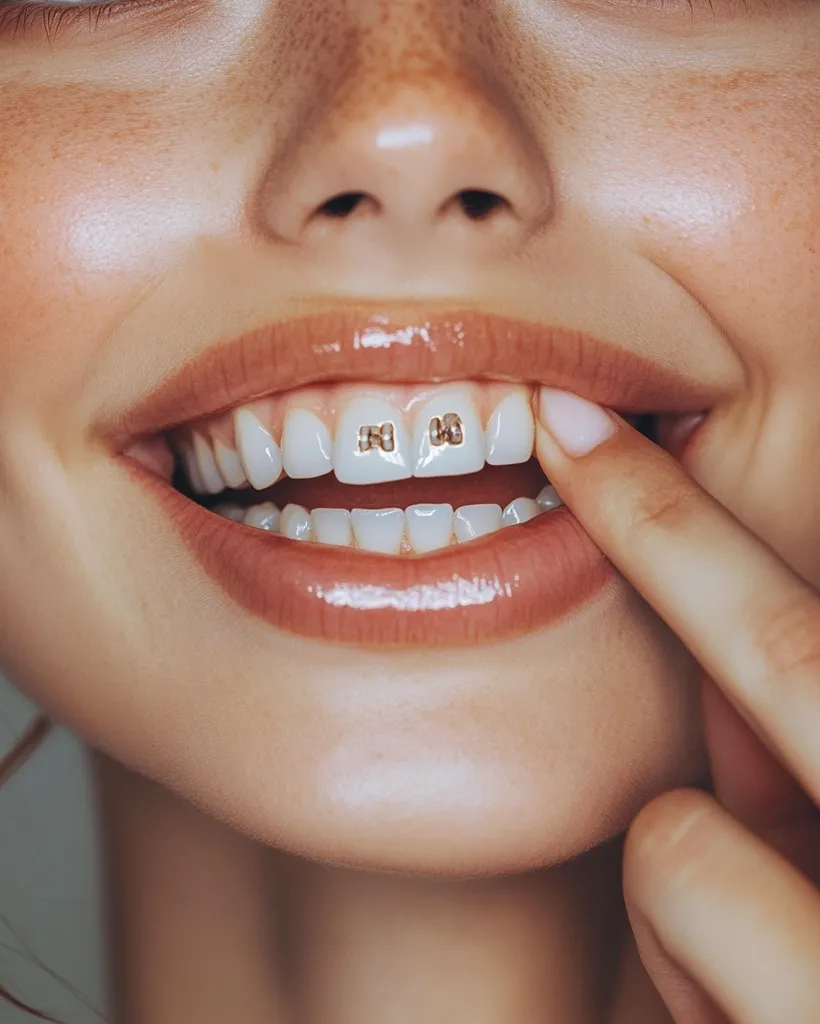 A close-up of a person's mouth, revealing a bright, white smile.  The teeth are adorned with gold accents, adding a touch of glamor to the image.  The person's finger rests gently on the corner of their lips, highlighting the beauty of their smile. The soft lighting and smooth skin create a luxurious and elegant feel.