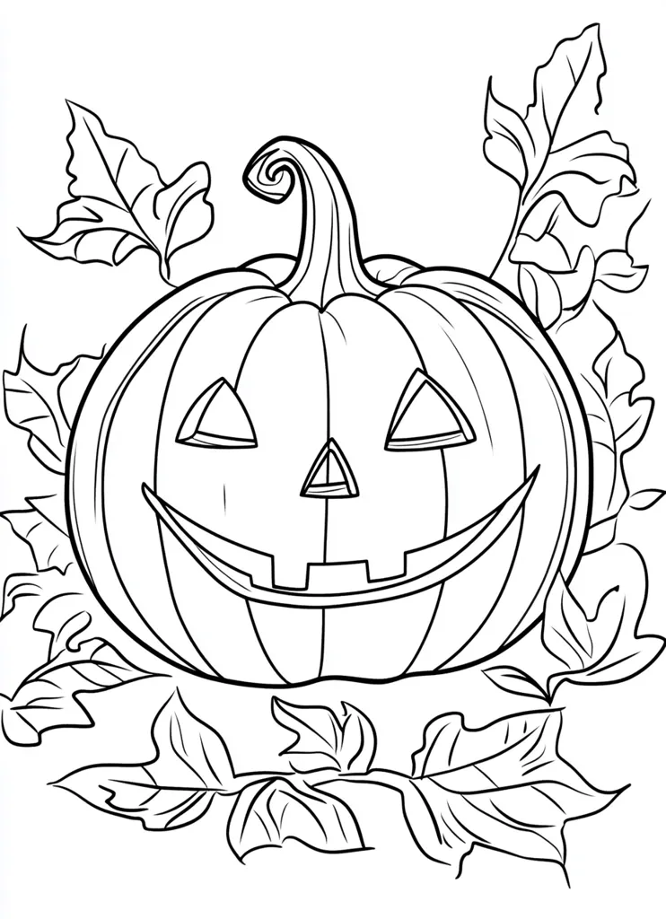 The image is a black and white illustration of a carved pumpkin, or jack-o'-lantern, surrounded by leaves. The pumpkin has a wide, toothy grin and a triangular nose. The leaves are detailed and realistic, with veins and a jagged edge. The image is a classic Halloween symbol, perfect for coloring.