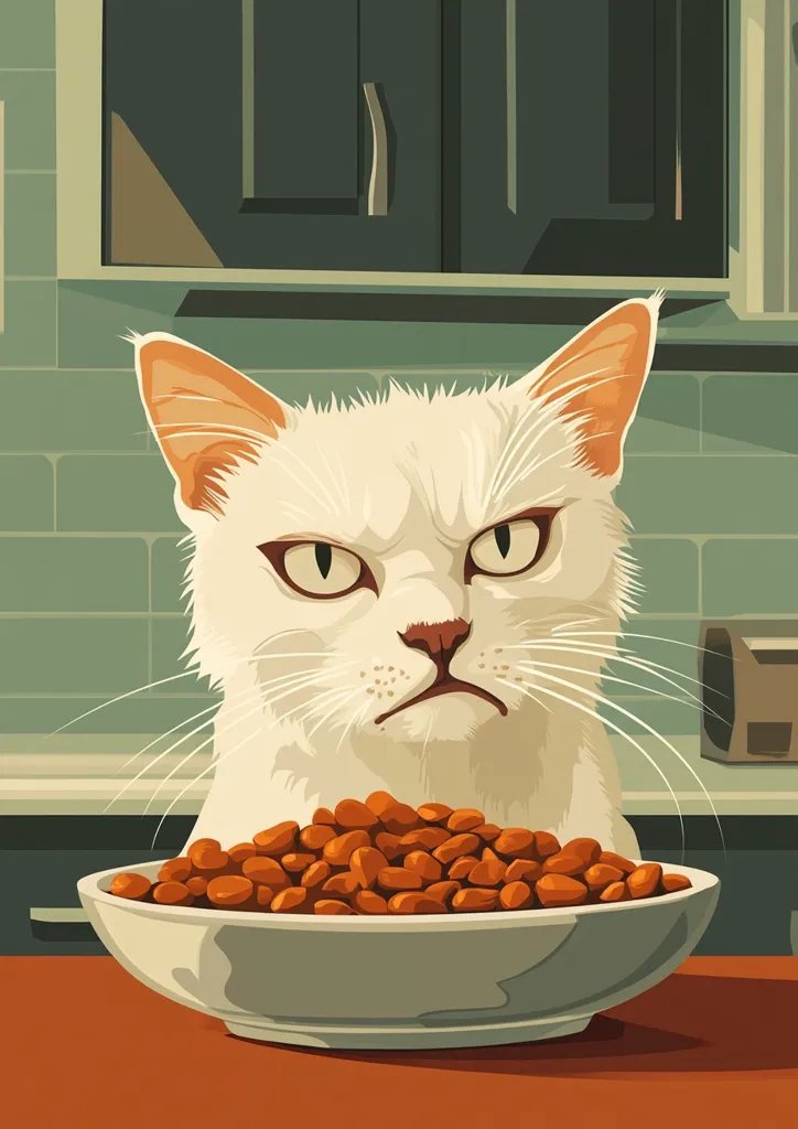 A white cat with a disgruntled expression looks directly at the viewer, with its head resting on the rim of a white bowl filled with brown cat food. The background is a kitchen with green tile and a cabinet above. The cat's expression implies that the food is not appealing to it.