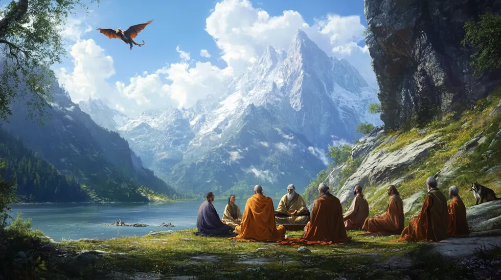 A group of monks sit in a circle in a serene mountain valley, surrounded by lush greenery and a crystal-clear lake. Majestic snow-capped peaks rise in the background, and a lone dragon soars overhead. The scene exudes a sense of tranquility and spiritual connection with nature.