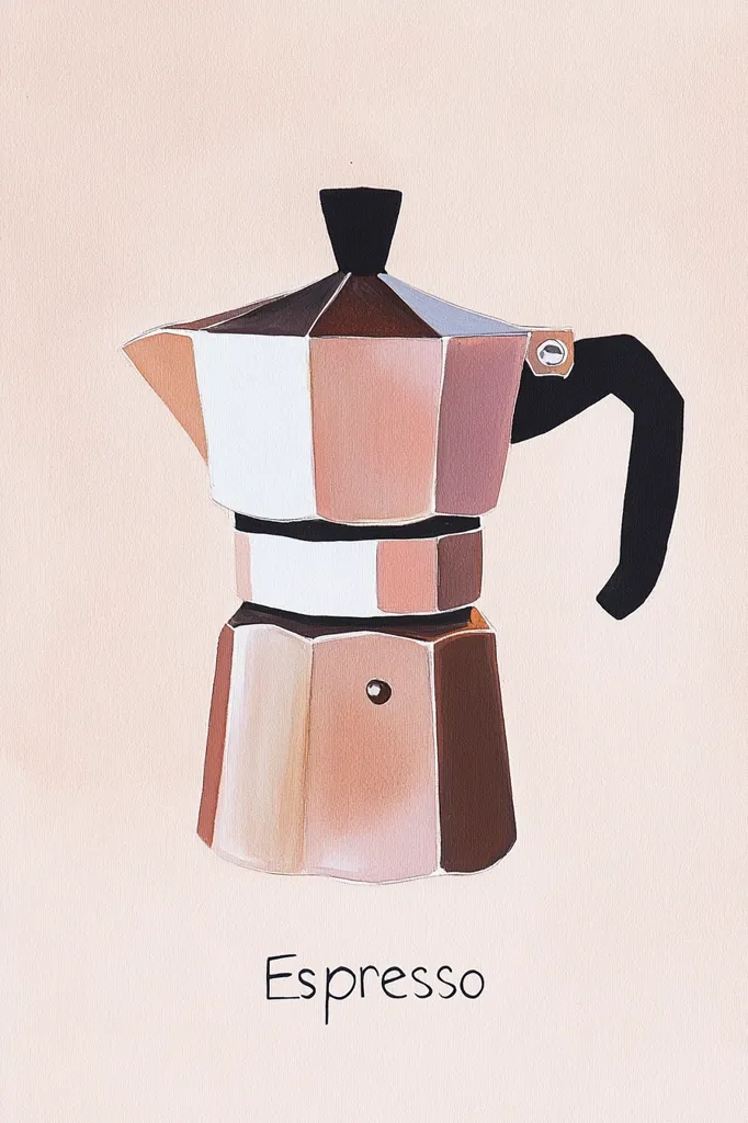 The image depicts a hand-painted illustration of a classic Italian stovetop espresso maker, known as a Moka pot. The pot is depicted in a muted color scheme of browns, pinks, and white, set against a light peach background. The word "Espresso" is written in black lettering beneath the pot. The illustration captures the simplicity and elegance of traditional coffee making.