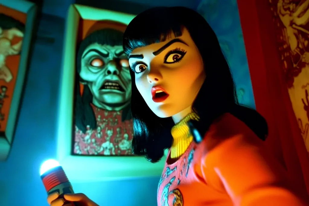 A young woman with dark hair and wide eyes stares in shock. She holds a flashlight in one hand, its beam illuminating the wall behind her. A framed picture hangs on the wall, showcasing a grotesque, green-faced figure. The woman's bright orange sweater and the yellow trim of her collar stand out against the blue background. The scene evokes a sense of eerie mystery and suspense.