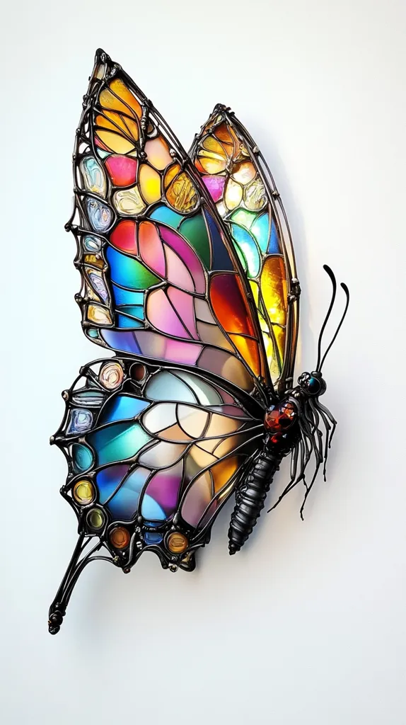 The image shows a stunning stained glass butterfly. The wings are composed of intricate, colorful pieces of glass, creating a mesmerizing kaleidoscope of colors. The glass is held together by a delicate black wire frame, which gives the butterfly a delicate, yet intricate, appearance.  The butterfly is set against a plain white background, which highlights its vibrant hues. It is a beautiful example of artistic craftsmanship and the beauty of nature.