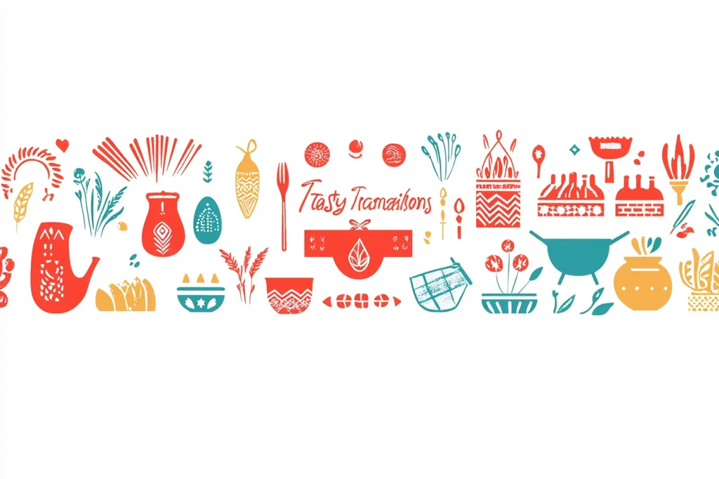 The image features a collection of colorful, stylized illustrations related to food and cooking. There are bowls, plates, pots, utensils, and other kitchen-related items, all drawn in a playful, hand-drawn style. The word "Tasty Tramaisons" is written in a whimsical font, suggesting a theme of delicious food and home-style cooking. The overall vibe is cheerful and inviting, evoking a sense of warmth and comfort associated with meal preparation and sharing food with loved ones.