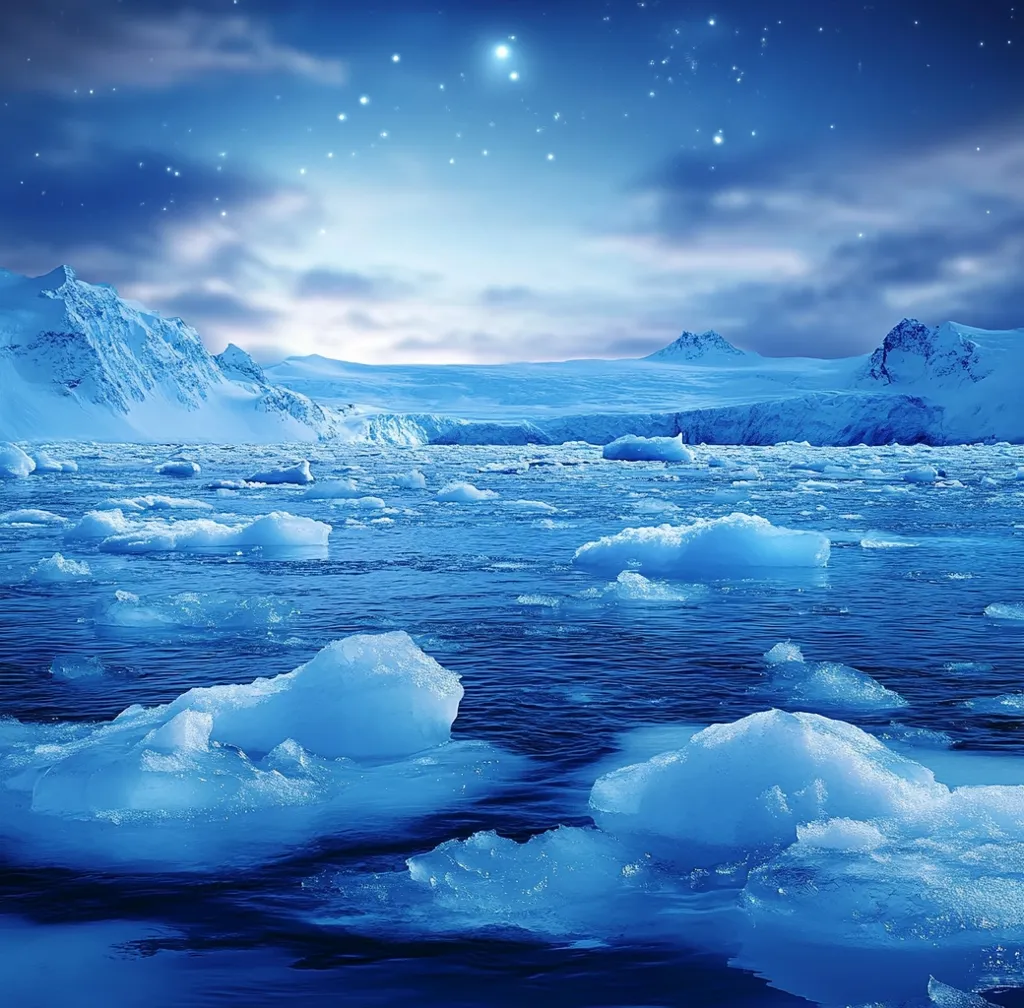A serene, icy landscape unfolds under a star-studded sky. The foreground is dominated by a calm expanse of water dotted with chunks of floating ice, their smooth surfaces reflecting the blue light of the sky. A snowy mountain range stretches across the distance, marking the horizon. The sky is a soft blue, with wispy clouds adding depth and texture to the scene. The overall effect is one of tranquility and icy beauty.
