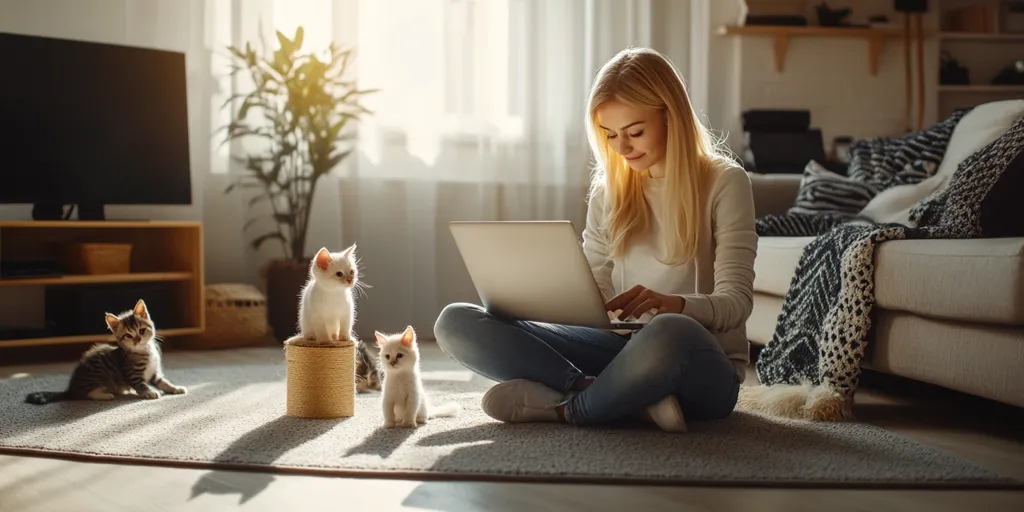 A young woman with long blonde hair sits on a carpet, legs crossed,  using a laptop. Three kittens, two white and one tabby, are nearby,  playing in the sun-drenched room. A couch with a throw blanket is in the background.  The overall atmosphere is cozy and relaxed.