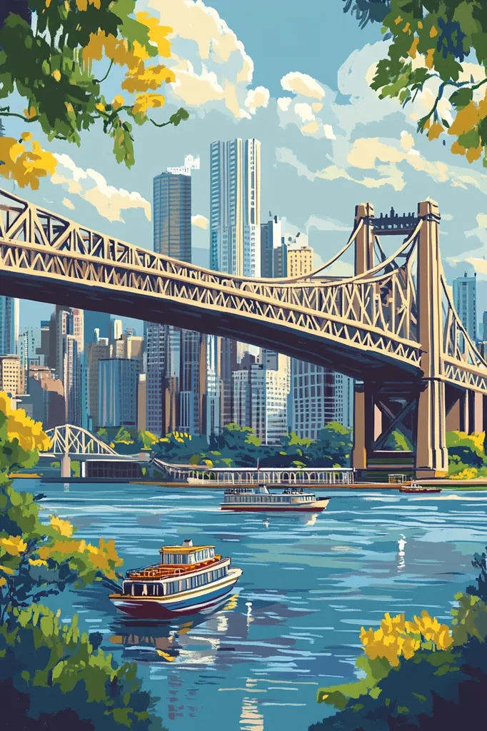 The image is a vibrant depiction of a city skyline with a bridge spanning a river. The bridge is a large suspension bridge with a lattice structure and tall towers. In the foreground, a ferry boat cruises along the river, with a second boat in the distance. The buildings are tall and modern, with a bright blue sky and fluffy white clouds above.  The scene is framed by lush greenery, adding a touch of nature to the urban landscape.