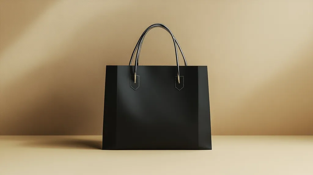 The image shows a black tote bag with gold handles, sitting on a beige surface. The bag is positioned in the center of the frame and is the only subject. The background is a soft, muted beige, creating a minimalist aesthetic. The image emphasizes the simplicity and elegance of the tote bag, making it a compelling visual for advertising or product showcasing.