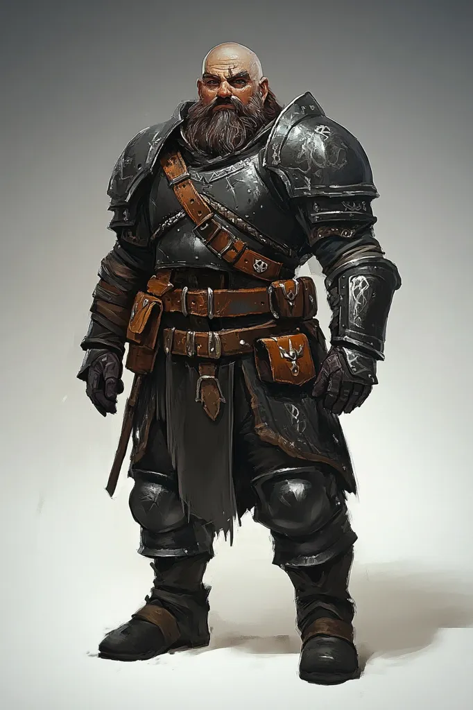 A large, heavily armored man stands against a gray background. He wears black armor with brown leather accents, including a thick belt, straps, and a long, flowing cloak. He has a thick beard and a serious expression on his face. His armor is detailed with intricate designs and appears well-worn. The image evokes a sense of strength and experience, suggesting a seasoned warrior.