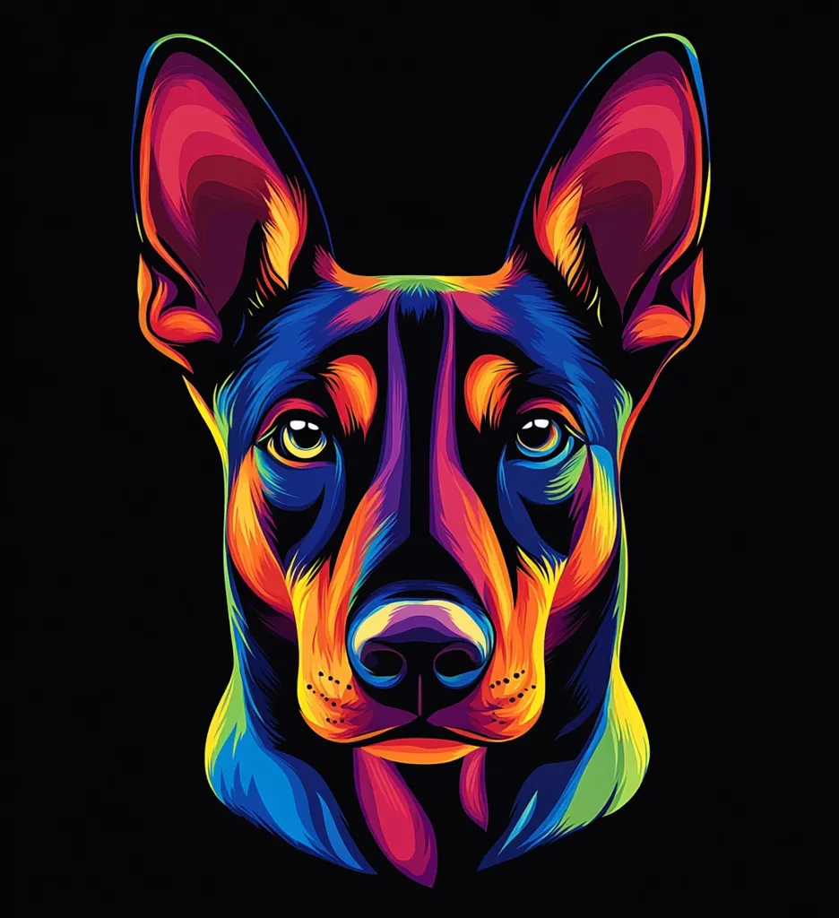 The image is a colorful, stylized portrait of a dog's head. The dog has large, expressive eyes and a wet, pink nose. The fur is depicted in vibrant hues of blue, green, red, orange, and yellow, creating a striking contrast against the black background. The dog's ears are perked up, and its expression is alert and engaged, suggesting a playful and energetic personality.  The overall effect is one of bold and dynamic artistry.