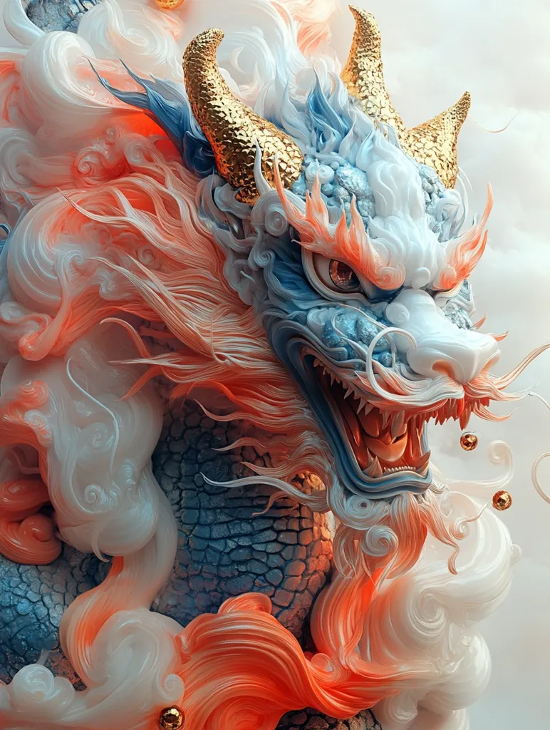 A close-up of a detailed, ornate dragon sculpture. The dragon is primarily blue and white, with intricate scales and gold accents on its horns. Its mouth is open, revealing sharp teeth and a fiery red tongue. The dragon's mane is a vibrant orange, flowing like flames. The background is a soft white with faint wisps of clouds, emphasizing the dragon's powerful presence. The sculpture is crafted with a sense of realism and dynamism, capturing the mythical creature's energy and grandeur.