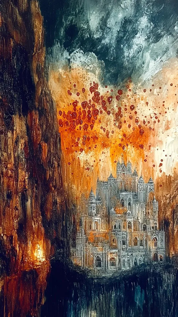 The painting depicts a fantastical scene with a large, detailed castle in the center. The castle is built in a gothic style, with intricate details and tall spires. The castle is bathed in an ethereal light, with a background of swirling colors and textures. The painting is full of movement and energy, creating a sense of mystery and wonder.  The scene is framed by a large, dark cliff, suggesting a sense of isolation and the unknown.  Overall, the painting is a beautiful and evocative work of art, inviting the viewer to lose themselves in its fantastical world.