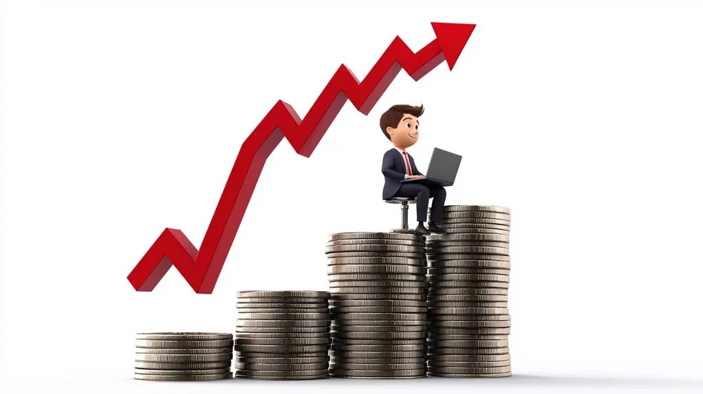The image depicts a cartoon businessman sitting on a stack of coins, looking at a red arrow pointing upwards.  The arrow represents growth and financial success, while the businessman symbolizes ambition and hard work. The image conveys a message of prosperity and achievement in business.