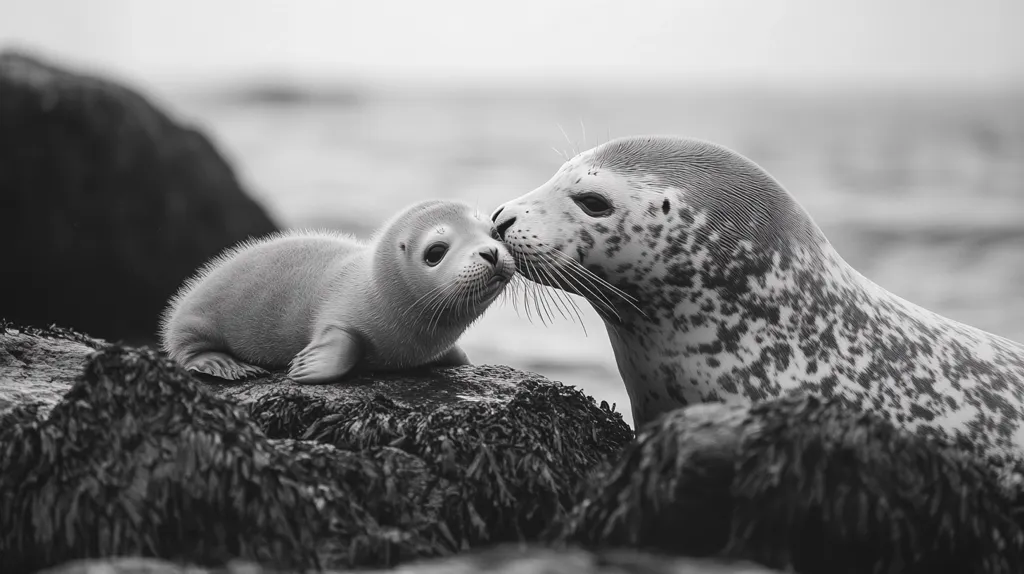 A mother seal nuzzles her pup on a rocky shore. The mother's spotted fur contrasts with her pup's smooth coat. The image is in black and white, highlighting the tenderness of the moment. The pup's small size and trusting posture emphasize the bond between mother and child. The rocky background suggests a harsh environment, highlighting the importance of this maternal bond.
