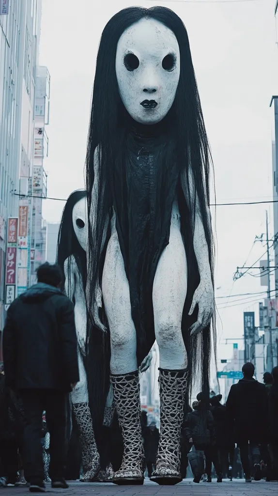 A towering, ghostly figure with long black hair and a white mask stands in the middle of a city street, casting a menacing shadow over the smaller human figures walking by. The figure's white skin is cracked and textured, giving it a disturbingly realistic appearance. The image is captured from a low angle, emphasizing the figure's size and imposing presence. The background is blurred and out of focus, drawing attention to the central figure and creating a sense of unease.  The overall tone of the image is dark and unsettling, evoking a sense of dread and mystery.