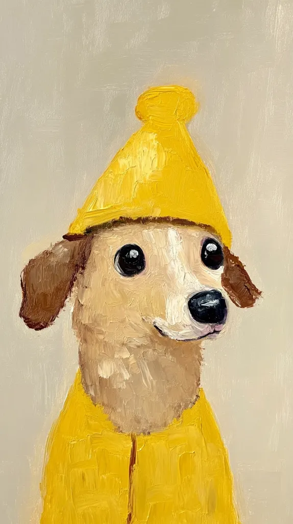 A painting of a dog wearing a yellow raincoat and hat. The dog's eyes are large and dark, and its nose is black. The dog's fur is a light brown color. The painting is done in a realistic style, with the brushstrokes visible. The background is a light gray color.  The dog is looking to the left.  The painting's thick brushstrokes give it a textured appearance.