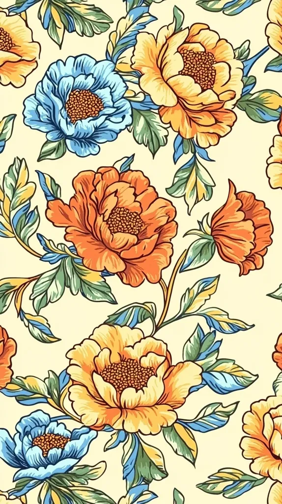 The image depicts a vibrant floral pattern on a pale yellow background. It features large, stylized flowers in shades of blue, orange, and yellow, with intricate green leaves and delicate blue accents. The flowers are arranged in a repeating pattern, creating a sense of symmetry and beauty. The overall impression is one of vibrancy and elegance.