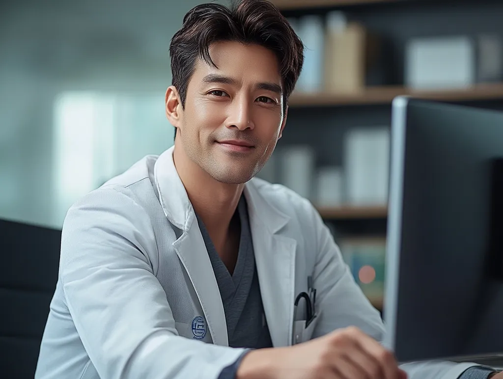 A young man with dark hair and a friendly smile sits in a doctor's office, wearing a white lab coat over a grey shirt. He appears to be working on a computer. Behind him is a shelf of books, and a black chair is on the left side of the image. His expression is warm and inviting, suggesting a caring and professional demeanor.