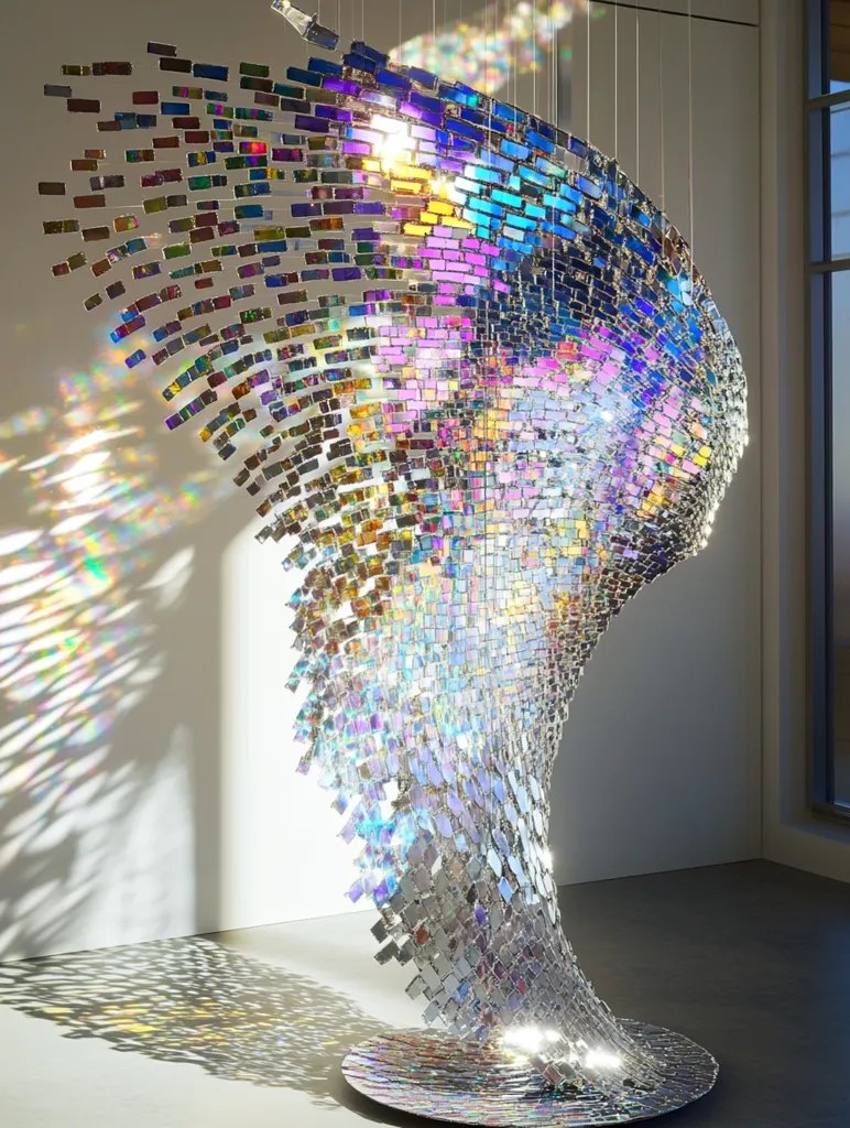 A large, iridescent sculpture made of thousands of small, rectangular, reflective pieces. The sculpture is suspended from the ceiling and takes the shape of a swirling, abstract form. The sculpture casts shimmering, colorful reflections onto the white walls and floor. The overall effect is one of light, movement, and ethereal beauty.