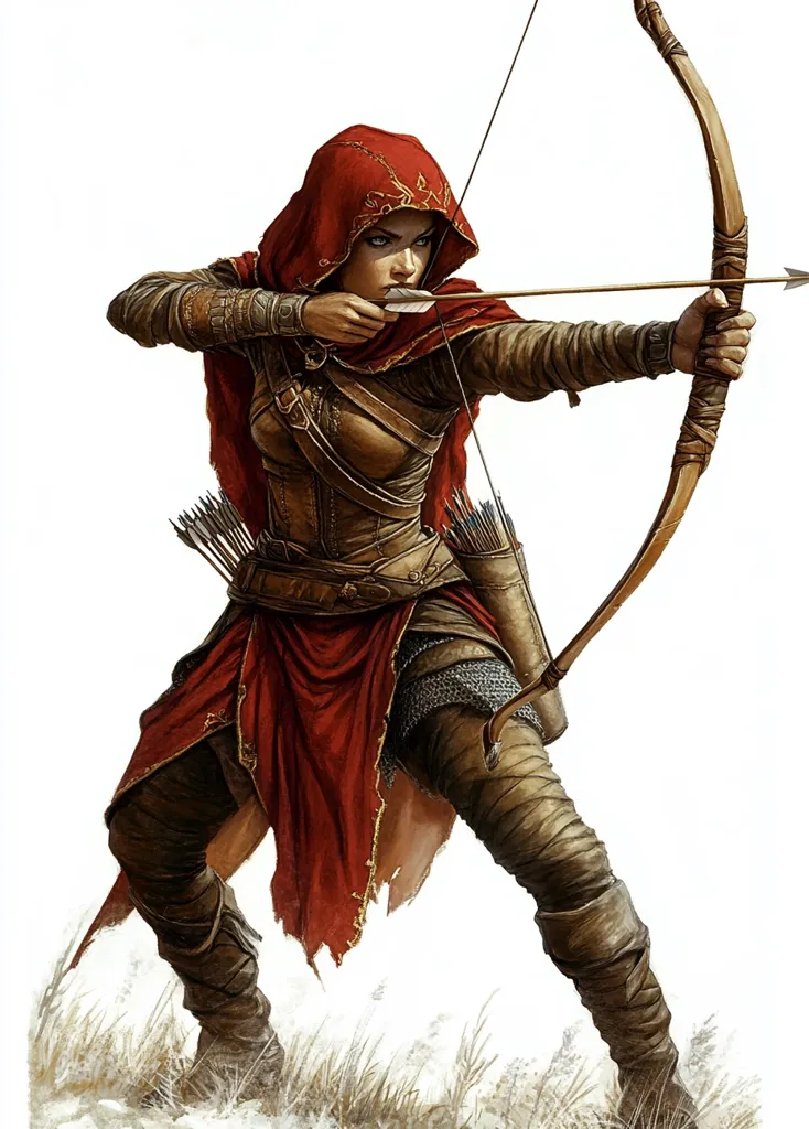 A female archer, clad in a red hooded cloak and leather armor, stands poised with a drawn bow and arrow. Her fierce expression and focused gaze suggest her unwavering determination. She is ready to strike with precision and skill. The scene is set against a white background, emphasizing her solitary figure and the powerful stance she holds.