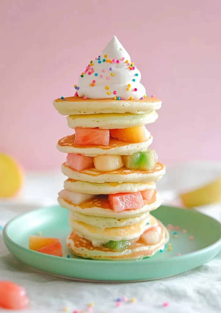 A tall stack of fluffy pancakes topped with whipped cream and colorful sprinkles. The pancakes are layered with fresh fruit, creating a vibrant and delicious dessert. The stack sits on a light green plate, surrounded by scattered sprinkles, against a soft pink background.
