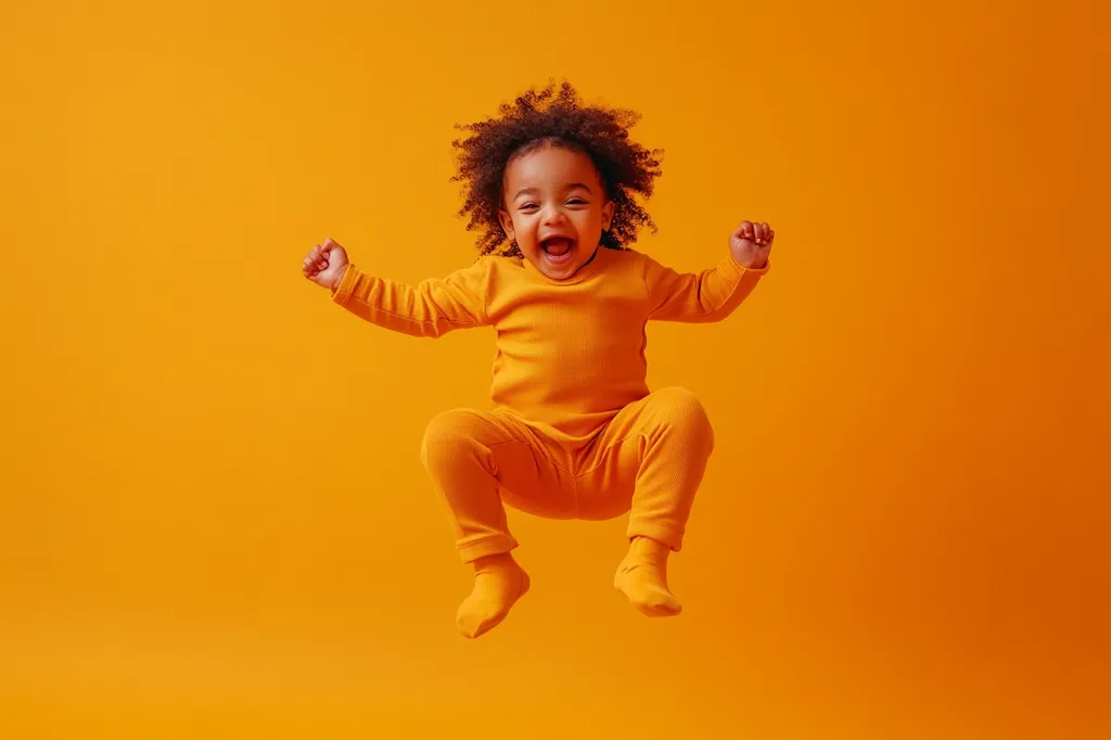 an EPIC commercial photo for photo stocks showing a playful child jumping with joy, dressed in a bright orange outfit, set against a matching orange background. The focus is on the child's infectious energy and the vibrant color, promoting children's products and fun activities. Ensure the image is well-composed, well-lit, and in focus, with good resolution and clarity. --ar 3:2