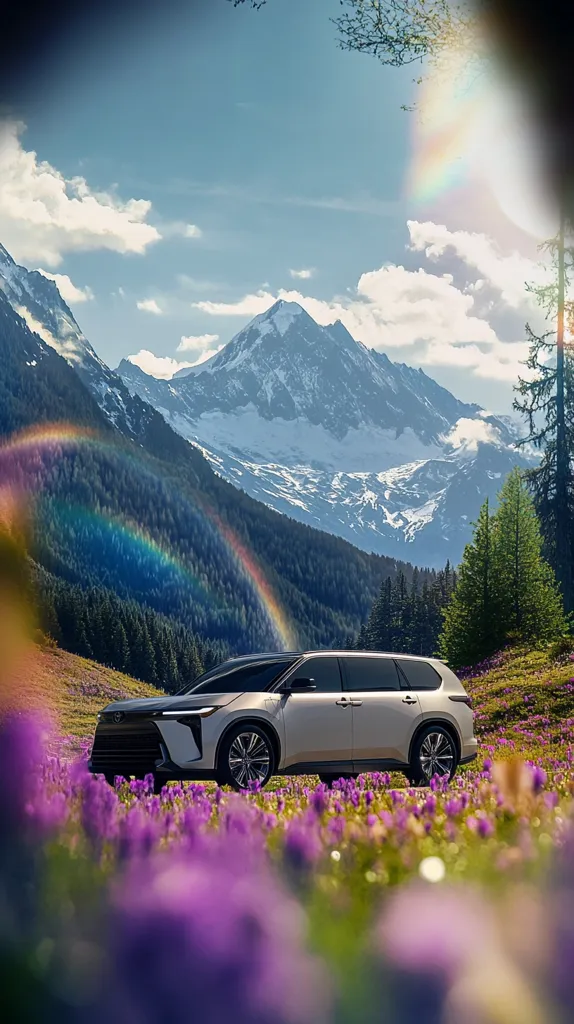 A silver SUV is parked in a field of purple wildflowers, with a majestic snow-capped mountain range in the background. The sun is shining brightly, and a rainbow is faintly visible in the sky. The scene is tranquil and peaceful, showcasing the beauty of nature. The image is framed by lush green foliage, adding depth and vibrancy to the composition.