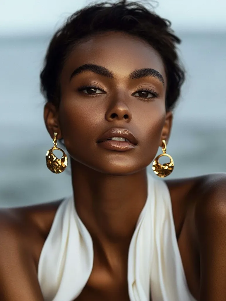 A young woman with dark skin and short, dark hair looks directly at the camera. She is wearing large, gold hoop earrings and a simple white halter top. Her skin is smooth and her makeup is minimal, highlighting her natural beauty. The background is out of focus, drawing attention to her face. The overall tone of the image is one of confidence and natural beauty.