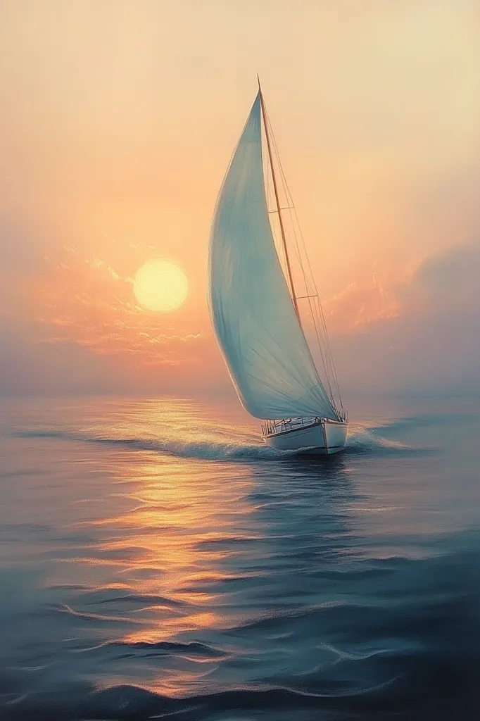 A sailboat glides through calm, blue water, its white sails billowing in the gentle breeze. The sun, a brilliant orange orb, hangs low in the sky, casting a warm glow over the scene. The soft, pastel hues of the sky and water create a serene and tranquil atmosphere. The image evokes a sense of peace, freedom, and the beauty of nature.