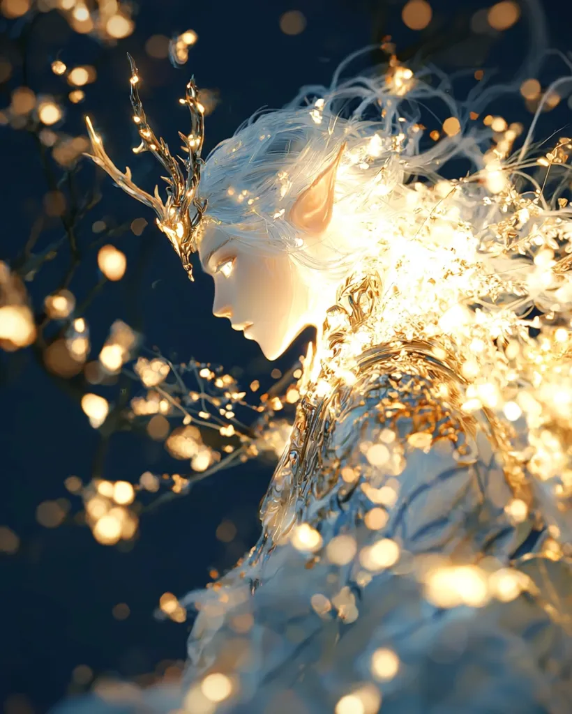 The image depicts a ethereal being with long, flowing white hair and pointed ears. They are adorned with a golden crown resembling antlers and a shimmering gown. The background is a soft blue with twinkling lights, creating a magical and dreamlike atmosphere. The being's expression is serene, their eyes closed, conveying a sense of tranquility and otherworldliness. The overall image evokes a sense of wonder and enchantment, suggesting a being of great power and grace.
