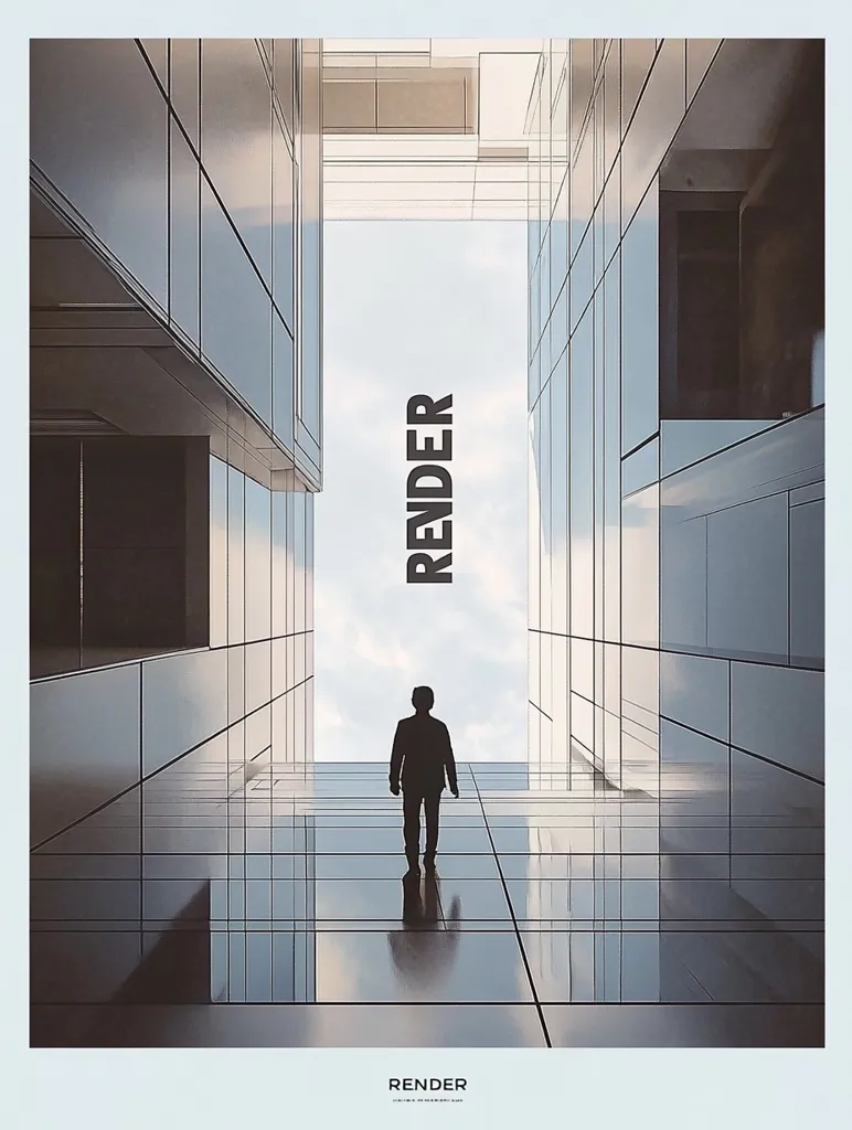 The image is a minimalist depiction of a modern cityscape. A lone figure walks down a narrow pathway framed by towering glass buildings. The sky is visible above, reflecting in the polished surfaces. The word \
