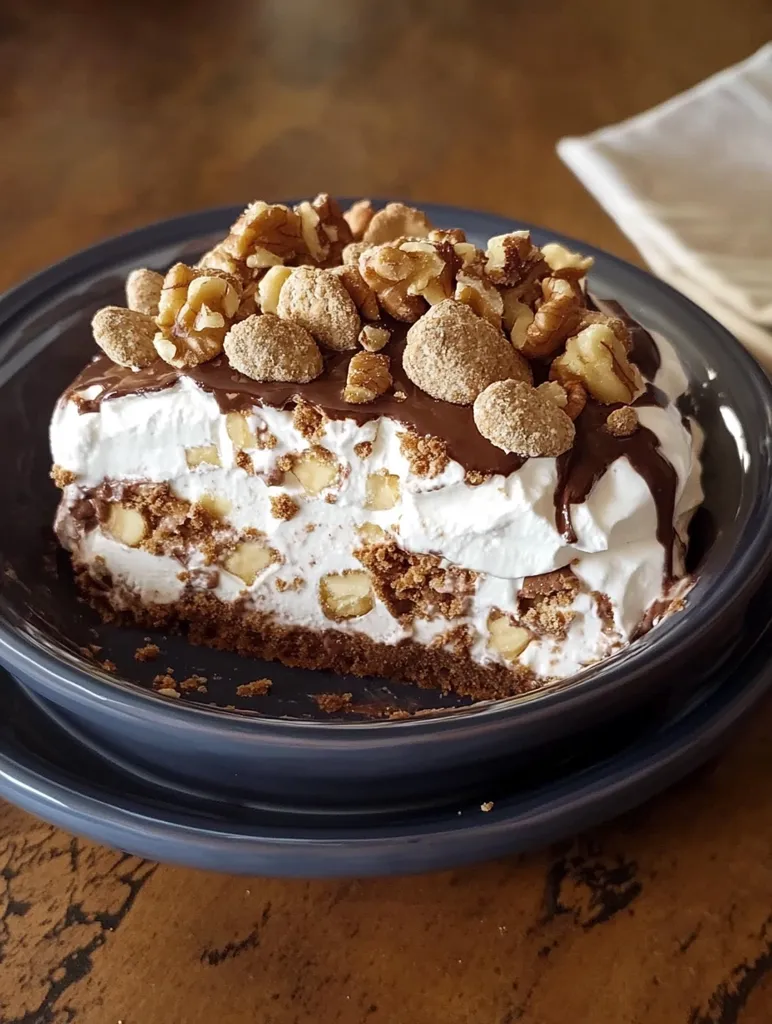 A slice of decadent dessert sits on a dark blue plate. The dessert features layers of whipped cream, a chocolate drizzle, crumbled cookie crust, and a generous sprinkling of chopped nuts and chocolate candies. The rich brown tones of the dessert contrast beautifully with the cool blue plate, creating a visually appealing treat.