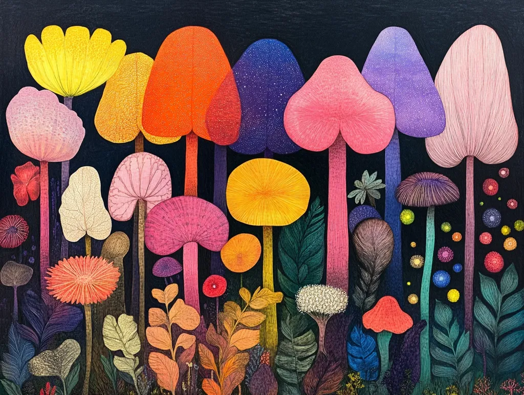 A vibrant forest floor teeming with colorful mushrooms and whimsical flowers.  From vibrant yellow and orange to pink and purple, the mushrooms stand tall, their stems intricately detailed with delicate lines.  Surrounding them are small, brightly colored flowers and plants, adding to the whimsical and enchanting atmosphere of the scene.  The dark background provides a stark contrast to the vibrant colors of the flora, creating a captivating and surreal visual experience.
