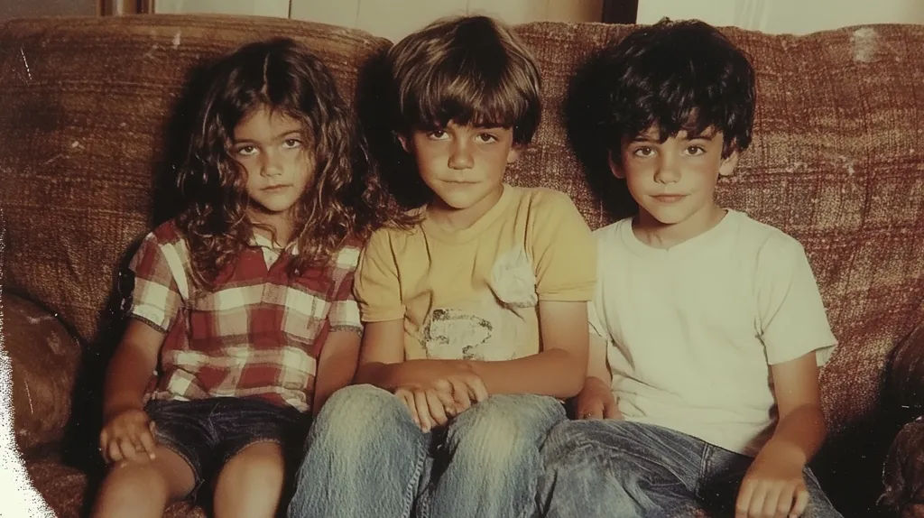 Three young children sit on a brown couch. The girl in the middle has long curly brown hair and is wearing a plaid shirt and denim shorts. The boy on the left has short brown hair and is wearing a yellow t-shirt and jeans. The boy on the right has short dark brown hair and is wearing a white t-shirt and jeans. They all have serious expressions on their faces. The picture is slightly faded and has a vintage look.