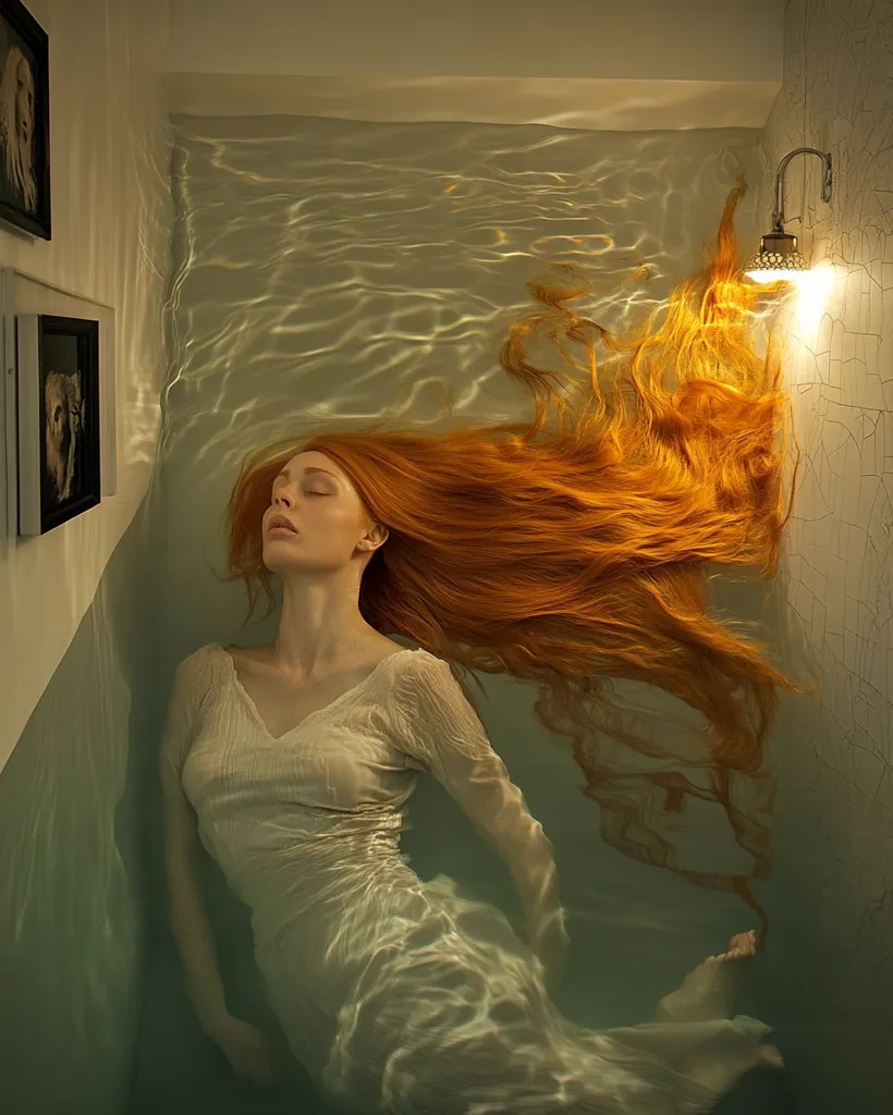 A woman with long, flowing red hair is submerged in a bathtub. She wears a white dress that clings to her body. The water is clear and green, and light from a nearby lamp casts shadows on the wall. The scene is serene and dreamlike.  A small framed picture hangs above the woman.