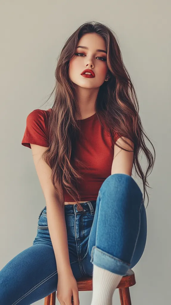 A young woman with long, dark hair sits on a wooden stool. She is wearing a red crop top and blue jeans with the cuffs rolled up. The woman has a confident expression and is looking directly at the camera. The background is a plain white wall.  She is wearing white socks and her long, dark hair is parted in the middle and flows down her back. She is  wearing red lipstick and her eyes are lined with dark eyeliner.  Her pose and expression suggest a confident and stylish demeanor.