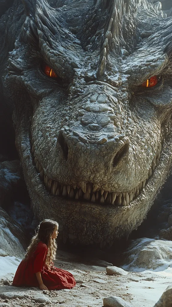 The image shows a young girl in a red dress kneeling on the ground, looking up at a massive, scaly dragon. The dragon's head takes up most of the image, with its large, menacing eyes and sharp teeth prominent. The girl's small stature in contrast to the dragon highlights the power and scale of the mythical creature. The setting appears to be a rocky, desolate landscape, suggesting a sense of danger and mystery. The image evokes a feeling of awe and fear, as if the girl is facing a creature of immense power and unknown intent.