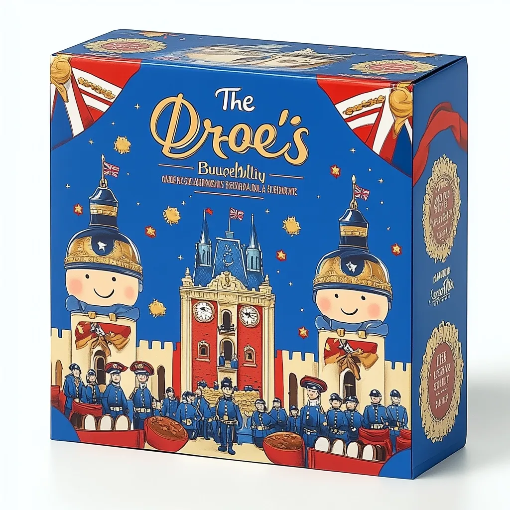 The image shows a blue box with the words "The Droes's" in large, stylized white letters. The box is decorated with a whimsical cartoon scene, featuring two friendly-looking characters in tall, traditional hats, standing in front of a fairytale-like building with a clock tower. A group of soldiers in blue uniforms stand in front of the building. The box also has a red ribbon and a gold seal with a "Made in the Netherlands" label. The overall design is bright, colorful, and charming, suggesting a brand of Dutch treats or pastries.