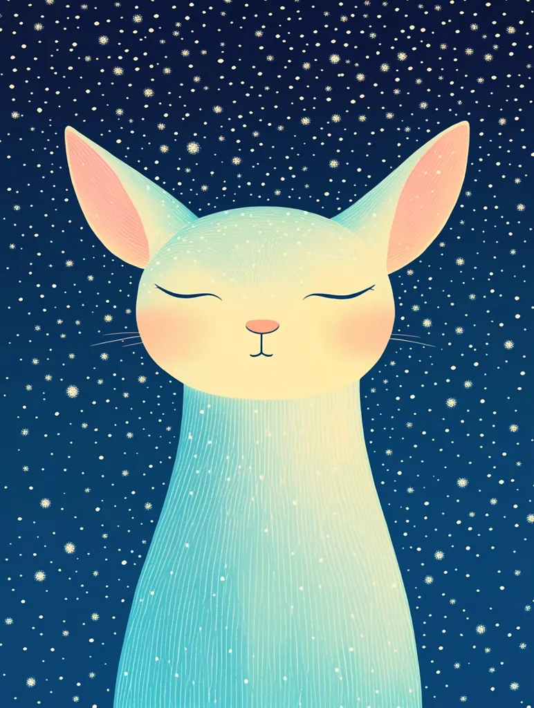 A stylized white cat with closed eyes is depicted against a dark blue background dotted with white stars. The cat has large, pink ears and a soft, round face. Its fur is depicted with delicate, blue-green lines, creating a flowing, ethereal effect. The image evokes a sense of calm and tranquility, suggesting a peaceful night sky.