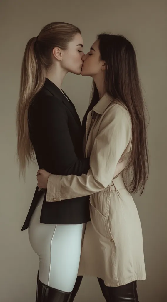 Two young women are embracing and kissing. They are standing close together in a warm embrace, their foreheads touching as they share a tender kiss. The woman on the left is wearing a black blazer and white pants, while the woman on the right is wearing a tan trench coat. The image has a soft, romantic feel. They seem to be in love.