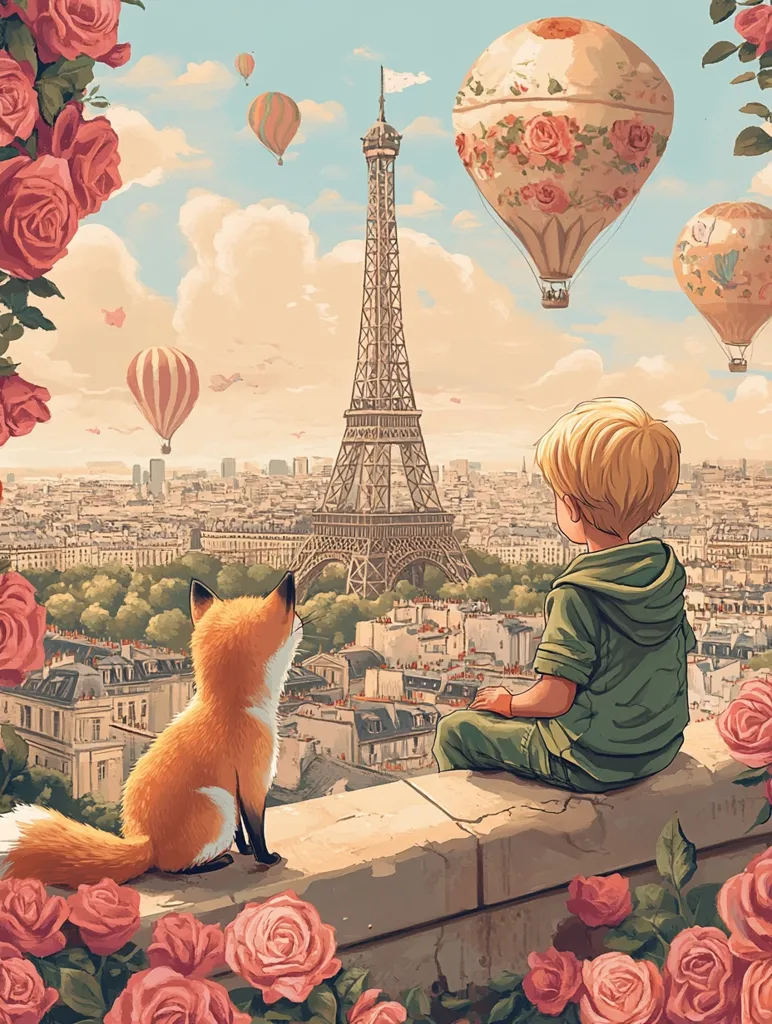 A young boy sits on a stone wall overlooking the city of Paris.  He is wearing a green shirt and khaki pants.  He looks out at the Eiffel Tower in the distance.  A fox sits beside him, looking in the same direction.  Hot air balloons float in the sky above.  Roses bloom in the foreground.  The scene is painted in a soft, pastel style.
