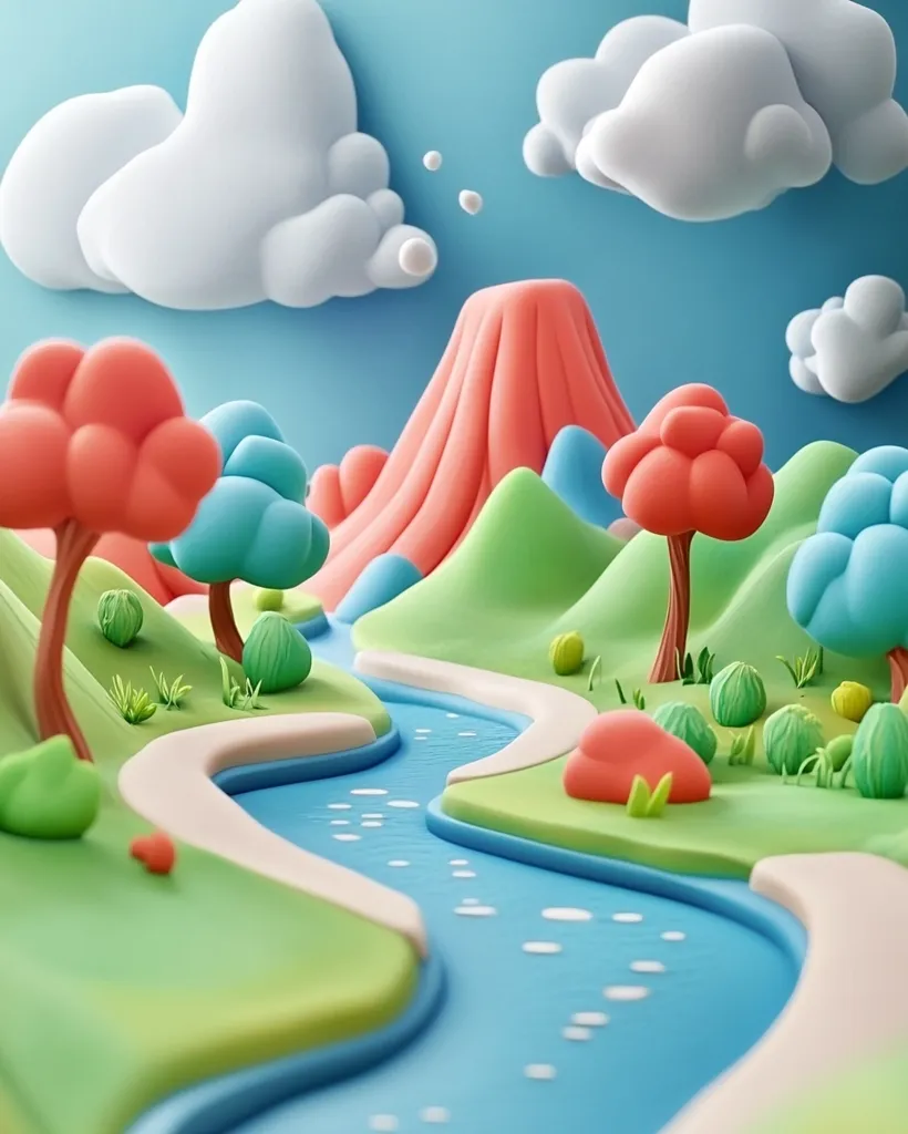 The image depicts a whimsical, cartoon landscape made of colorful playdough. A winding blue river flows through rolling green hills, dotted with bright red and blue trees. A large, pink volcano looms in the background, with fluffy white clouds floating above. The entire scene is a cheerful and playful representation of a fantastical world.