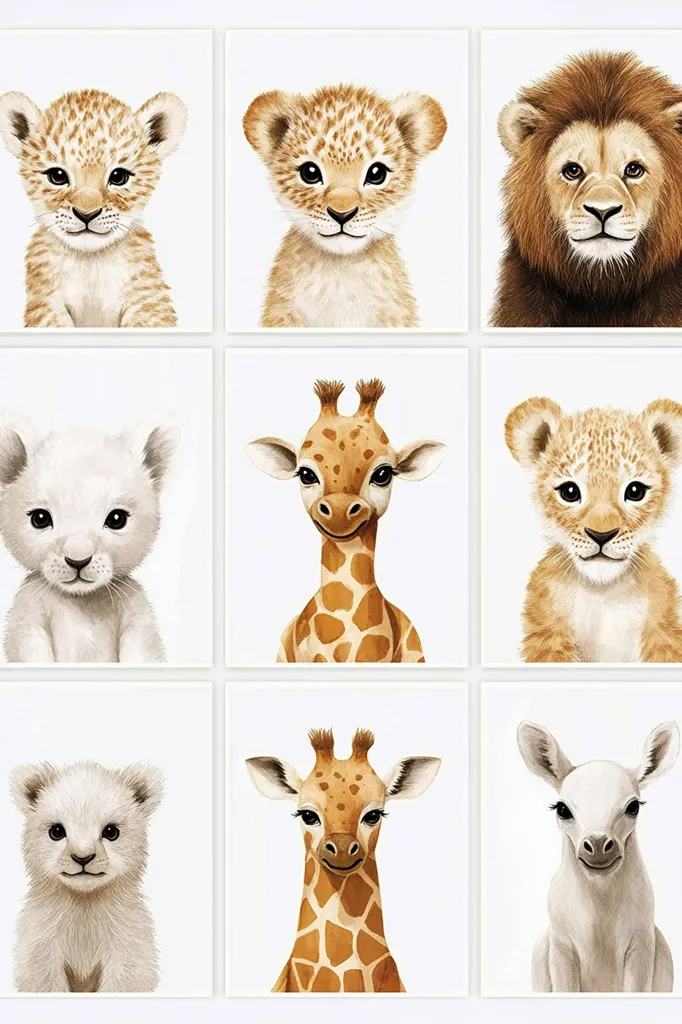 The image shows nine cute animal illustrations on a white background. There are three baby lions, two giraffes, a white lion, a lion, a zebra, and a baby antelope. All the animals are depicted with large, expressive eyes and cute features, making them appealing to children. The illustrations are arranged in a grid of three rows and three columns.