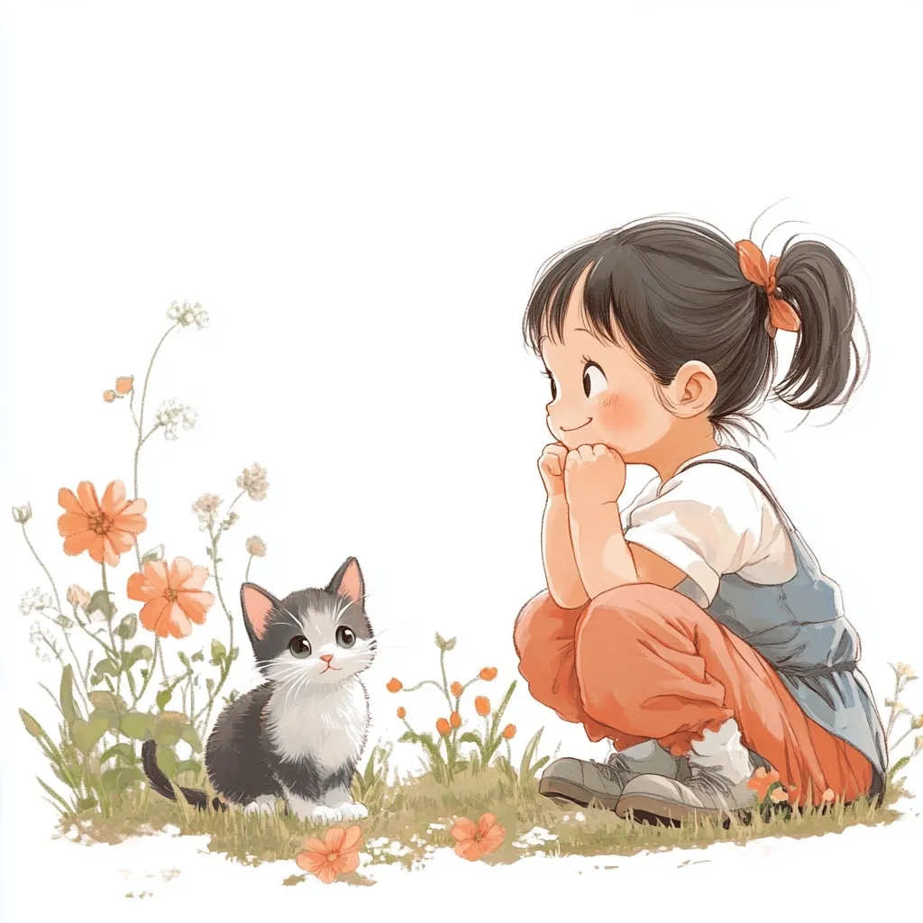 A young girl with long black hair tied up in a ponytail sits in a squatting position, smiling and looking towards a small black and white cat. The girl is wearing a white shirt with a light blue overall, while the kitten sits on the grass with its tail tucked under its body. The background features a field of green grass and orange flowers. The image portrays a sweet and innocent moment of companionship between a young girl and her feline friend.