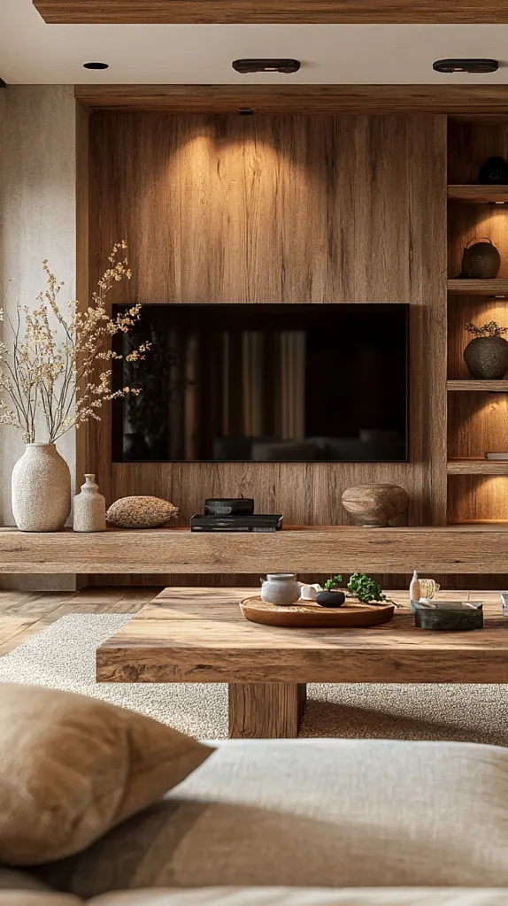 The image shows a living room with a minimalist design. The focal point is a large flat-screen TV mounted on a wooden wall. Below the TV is a wooden shelf with a few decorative items. The room is filled with natural light, which highlights the warm tones of the wood. A wooden coffee table with a few decorative items sits in front of a large rug. The room is decorated with a few plants and a large vase with dried flowers. The image evokes a sense of peace and tranquility.