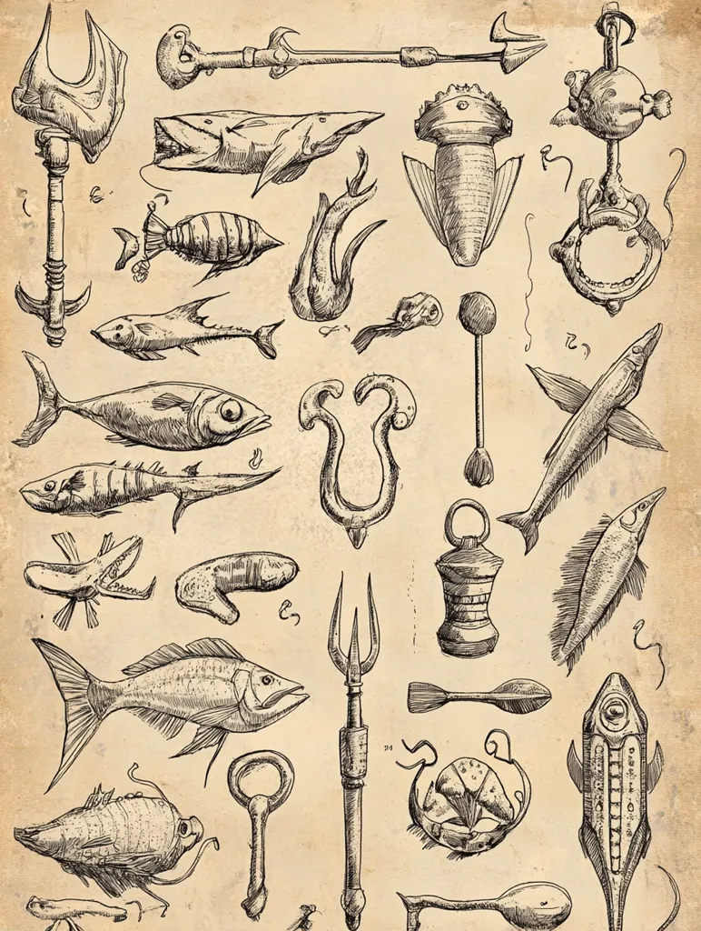 The image depicts a collection of hand-drawn illustrations on a textured, off-white background. The illustrations are a combination of fantastical creatures and objects, including fish, a trident, a large key, and various other strange items. The intricate details of the drawings suggest a sense of curiosity and wonder, hinting at a storybook or encyclopedia of the fantastical. The aged appearance of the background adds a touch of antiquity, suggesting a time when exploration and discovery were intertwined with the unknown.  The overall effect is one of whimsical charm and a hint of mystery.